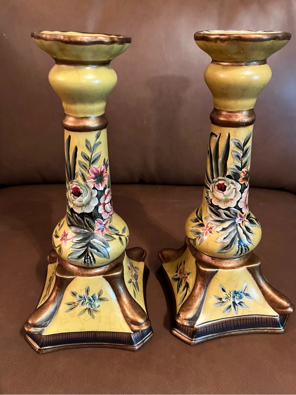 RARE FIND Hand-Painted Yellow Floral Candlestick Pair by Raymond Waites Studio